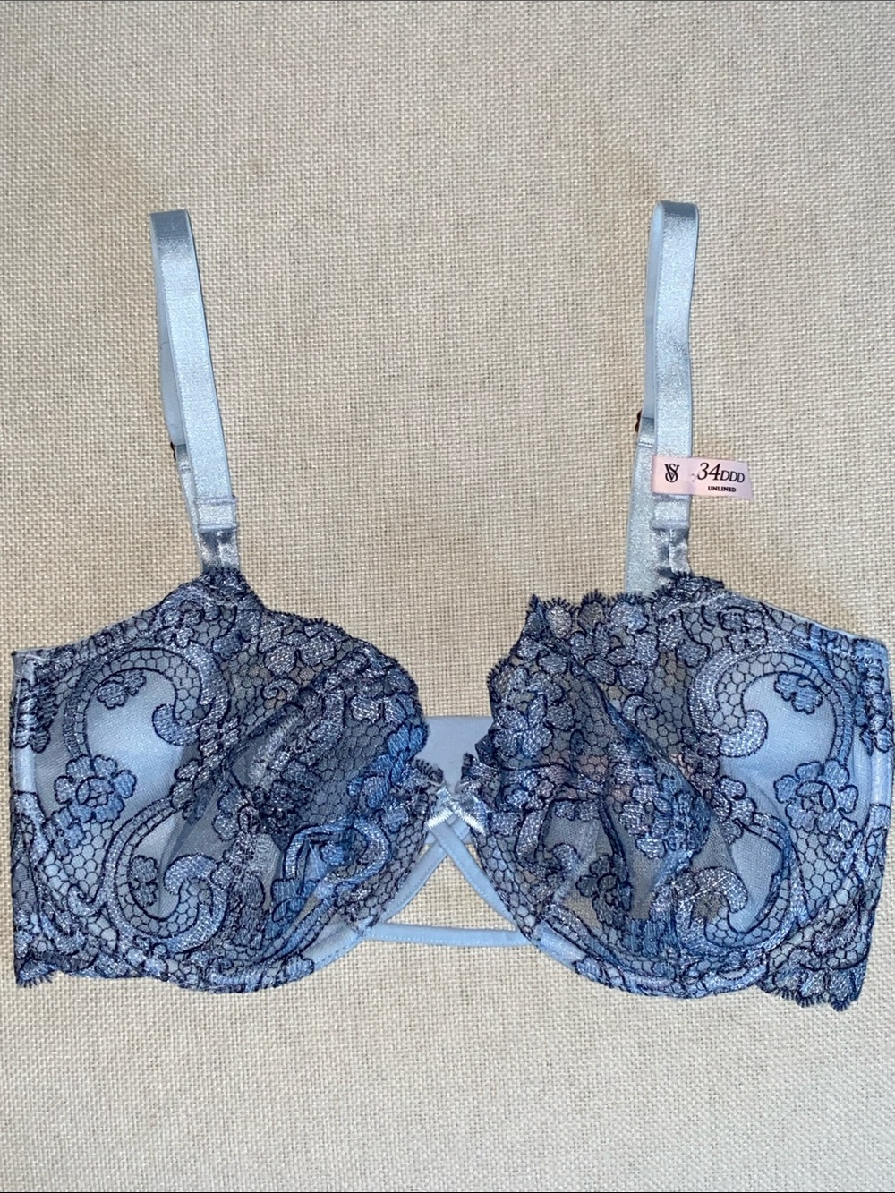 Victorias Secret Dream Angels No Padding Push-Up Lace Underwire Bra Blue 34DDD